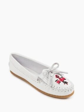 Minnetonka White Leather Beaded Thunderbird Kilty Plus Moccasins Flats Shoes 5